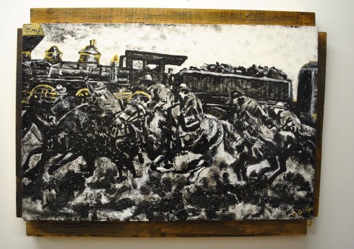 Midnight Western Train Robbery Original Painting by Darenthia Grayson
