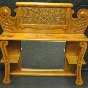 Antique Tiger Oak Carved Wall Shelf  Etagere Mantle Top & Mirror Ca 1890