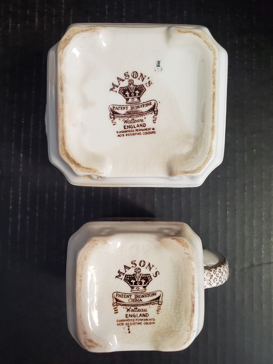 Vintage Mason's Watteau Brown Square Fan Sugar Bowl & Creamer 1940's,PA5896CK